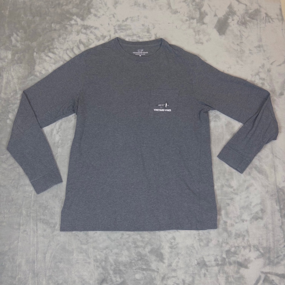 Vineyard Vines Long Sleeve Shirt Mens Medium Gray Fly Fishing Reel Pocket Tee